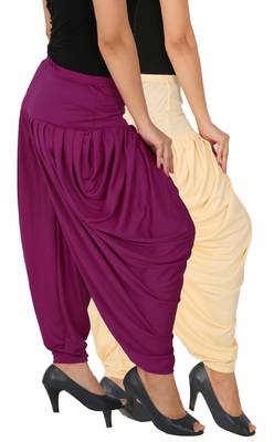 Cream and Purple plain Lycra free size combo patialas pants 2