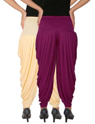 Cream and Purple plain Lycra free size combo patialas pants 3