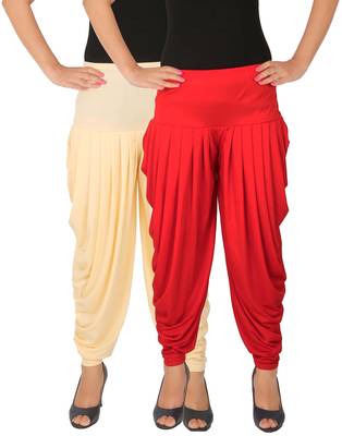 Cream and Red plain Lycra free size combo patialas pants 1