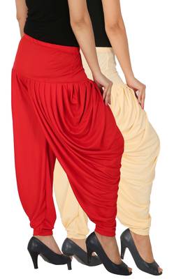 Cream and Red plain Lycra free size combo patialas pants 2
