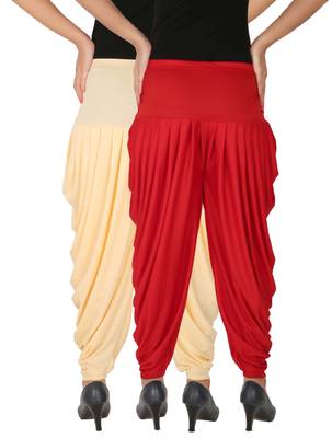 Cream and Red plain Lycra free size combo patialas pants 3