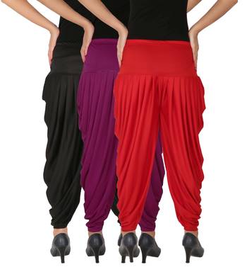 Black and Purple and Red plain Lycra free size combo patialas pants 4