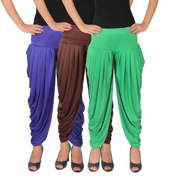 Blue and Brown and Green plain Lycra free size combo patialas pants 2