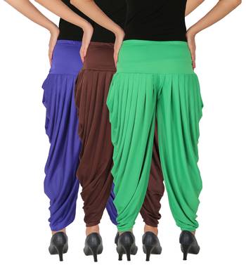 Blue and Brown and Green plain Lycra free size combo patialas pants 4