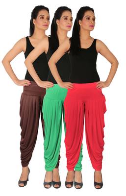 Brown and Green and Pink plain Lycra free size combo patialas pants 1