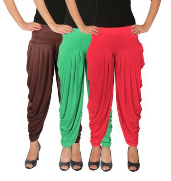 Brown and Green and Pink plain Lycra free size combo patialas pants 2