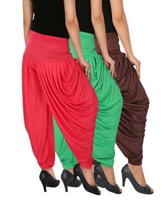 Brown and Green and Pink plain Lycra free size combo patialas pants 3