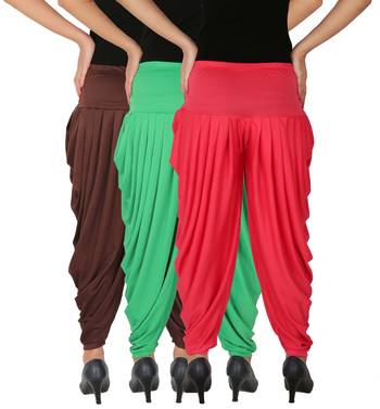 Brown and Green and Pink plain Lycra free size combo patialas pants 4
