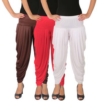 Brown and Pink and White plain Lycra free size combo patialas pants 2