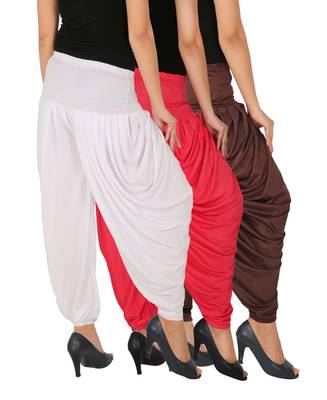 Brown and Pink and White plain Lycra free size combo patialas pants 3