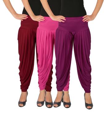 Maroon and Magenta and Purple plain Lycra free size combo patialas pants 2