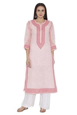 Peach Embroidered Cotton Chikankari Kurti 1