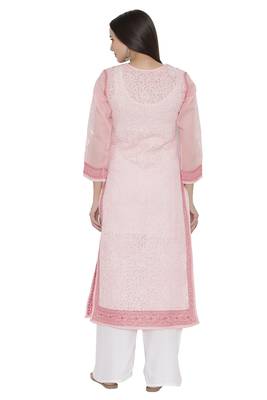 Peach Embroidered Cotton Chikankari Kurti 2