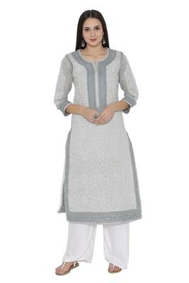 Grey Embroidered Cotton Chikankari Kurti 1