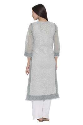 Grey Embroidered Cotton Chikankari Kurti 2