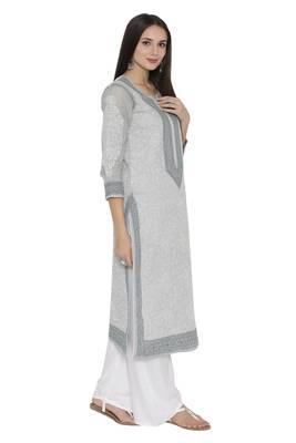 Grey Embroidered Cotton Chikankari Kurti 3