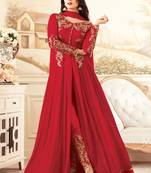Dark red embroidered georgette anarkali semi stitched salwar with dupatta