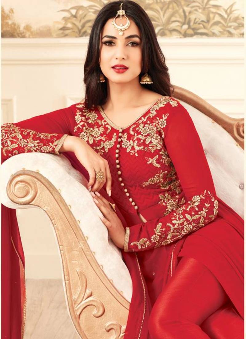 Dark red embroidered georgette anarkali semi stitched salwar with dupatta
