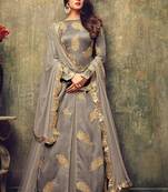 Grey Embroidered Net Anarkali Semi Stitched Salwar With Dupatta