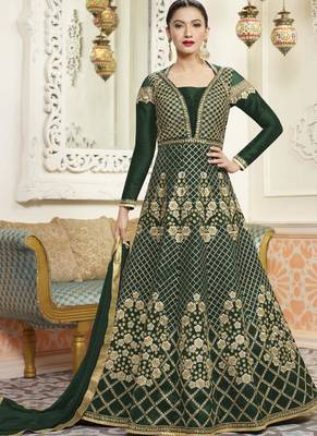 Dark Green Embroidered Silk Anarkali Semi Stitched Salwar With Dupatta 1
