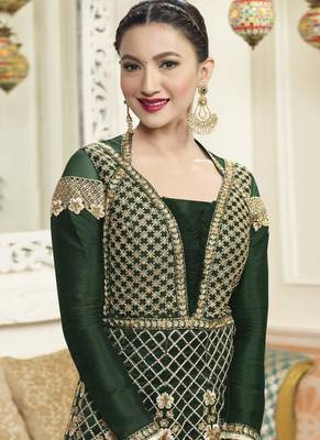 Dark Green Embroidered Silk Anarkali Semi Stitched Salwar With Dupatta 2