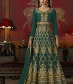 Dark green embroidered silk anarkali semi stitched salwar with dupatta