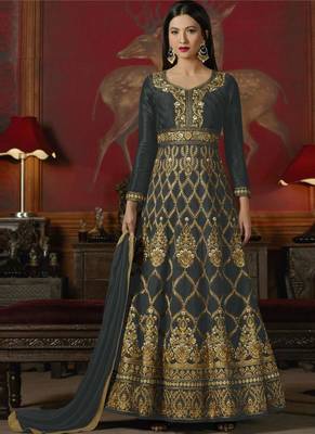 Black Embroidered Silk Anarkali Semi Stitched Salwar With Dupatta 1