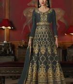 Black Embroidered Silk Anarkali Semi Stitched Salwar With Dupatta