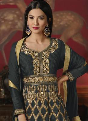 Black Embroidered Silk Anarkali Semi Stitched Salwar With Dupatta 2