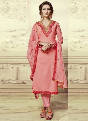 Peach Embroidered Georgette Semi Stitched Salwar With Dupatta 1