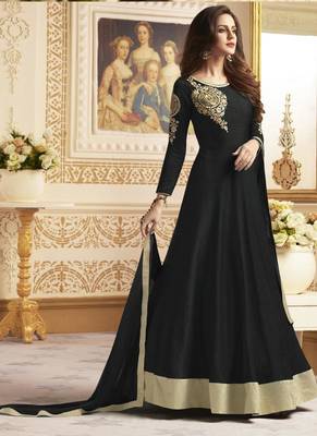Black embroidered silk anarkali semi stitched salwar with dupatta 1