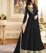 Black embroidered silk anarkali semi stitched salwar with dupatta