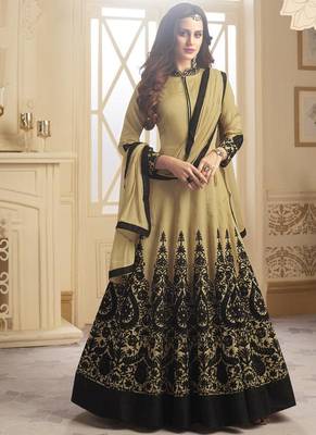 Beige embroidered taffeta anarkali semi stitched salwar with dupatta 1