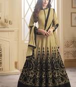 Beige embroidered taffeta anarkali semi stitched salwar with dupatta