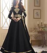 Black embroidered taffeta anarkali semi stitched salwar with dupatta