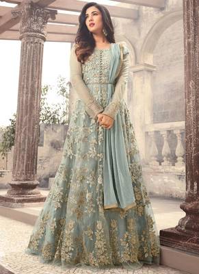 Sky Blue Embroidered Net Anarkali Semi Stitched Salwar With Dupatta 1