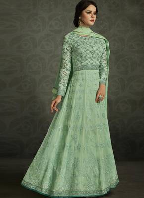 Light green embroidered georgette anarkali semi stitched salwar with dupatta 1