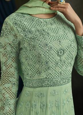 Light green embroidered georgette anarkali semi stitched salwar with dupatta 2