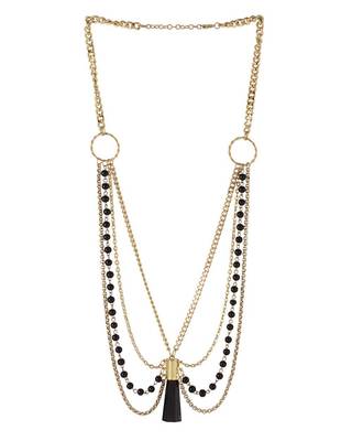 layered beaded necklace in gold tone with central drop of edgy black stone 2