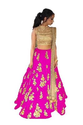 Pink embrodered silk designer lehenga choli with blouse and dupatta 1