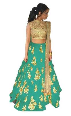 Turqoise embrodered silk designer lehenga choli with blouse and dupatta 1