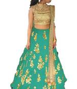 Turqoise embrodered silk designer lehenga choli with blouse and dupatta