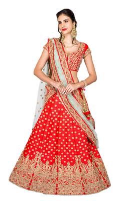 Red thread embroidery
 silk semi stitched lehenga 1