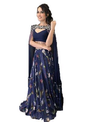 Blue printed silk semi stitched lehenga 1