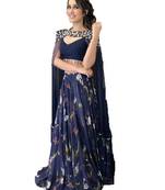Blue printed silk semi stitched lehenga