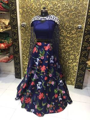 Blue printed silk semi stitched lehenga 2
