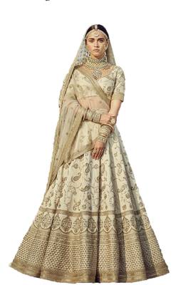 White thread embroidery
 satin semi stitched lehenga 1