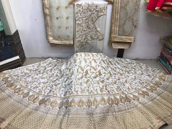 White thread embroidery
 satin semi stitched lehenga 2