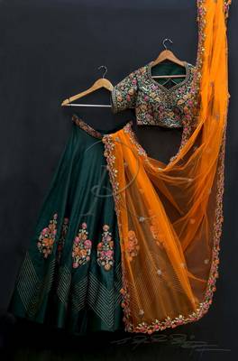 Dark-green thread embroidery
 art silk semi stitched lehenga 1
