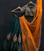 Dark-green thread embroidery
 art silk semi stitched lehenga